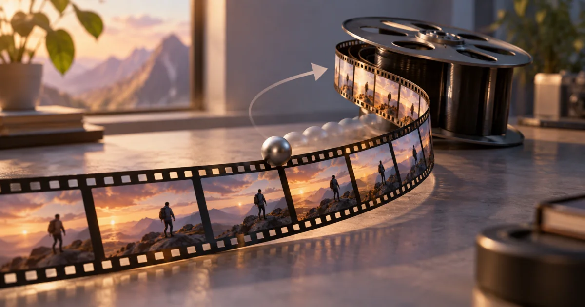 A sequence of film frames curls backward around a spool, with a small moving ball returning toward its earlier position.