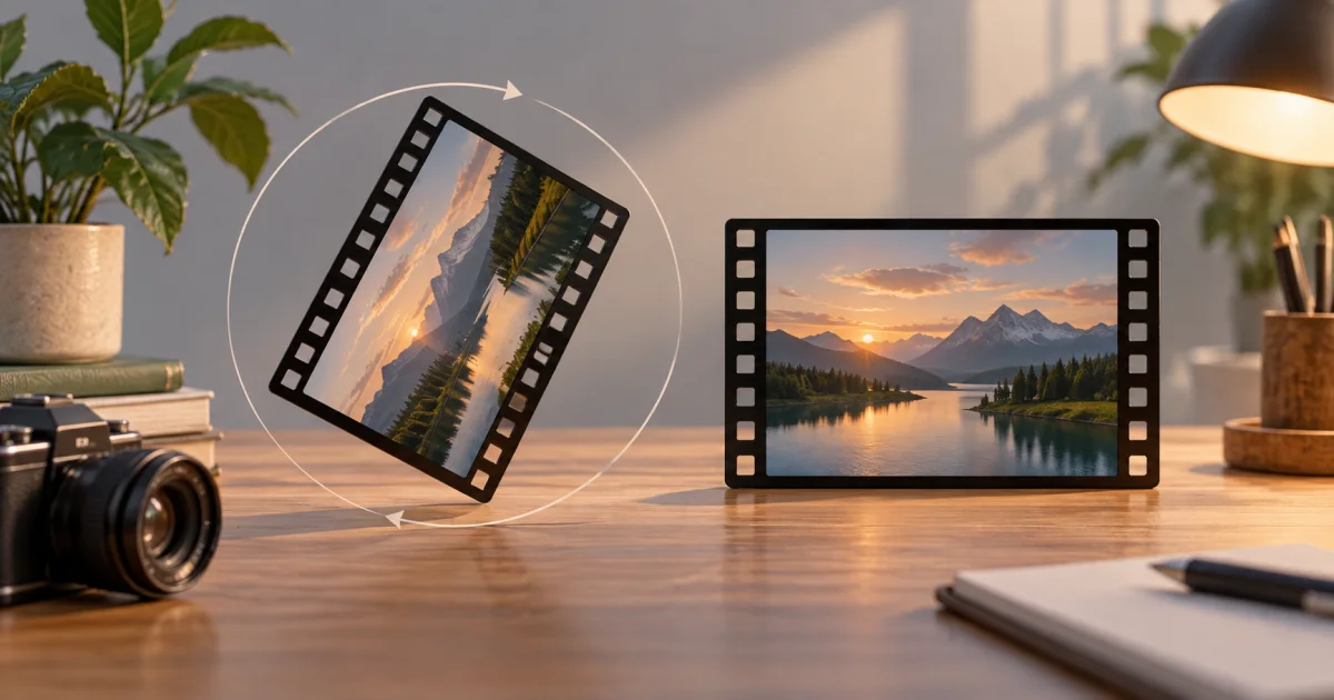 A landscape film frame rotates within a simple circular guide beside a second correctly oriented frame.