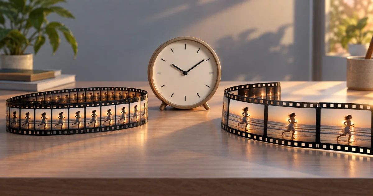 The same sequence of film frames appears at compact and wider time spacing beside a plain clock.
