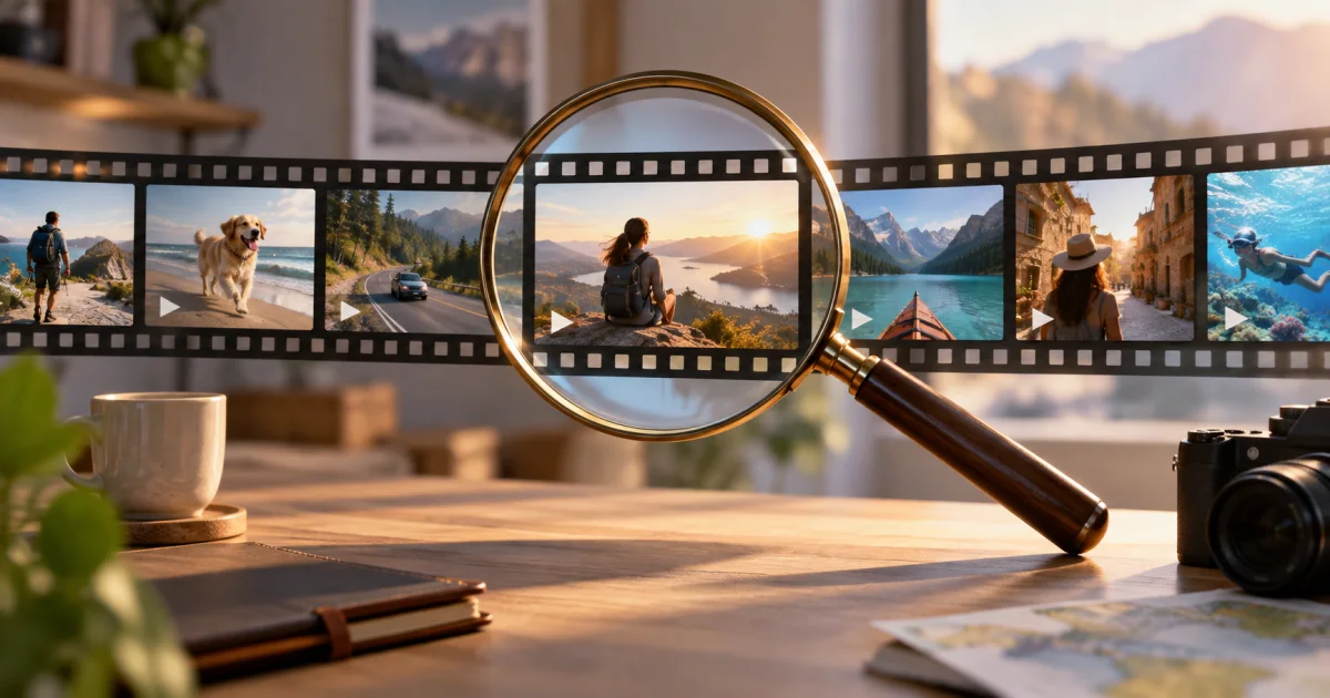 A magnifying frame selects one clear still image from a continuous strip of varied video frames.