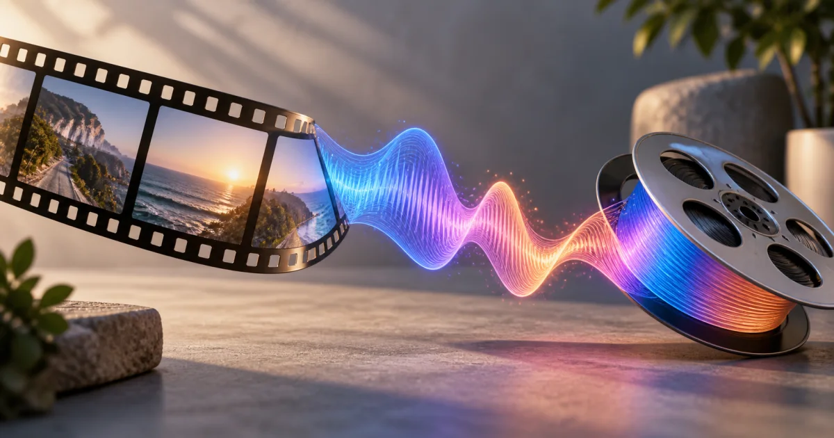 A colored sound-wave ribbon separates from a filmstrip and coils into its own audio reel.
