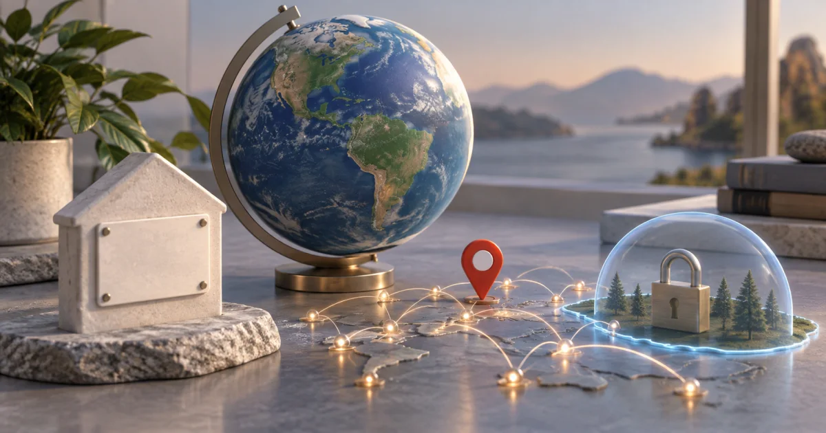An unmarked address marker sits beside a globe, a small location pin, and a network route with a separate privacy boundary.