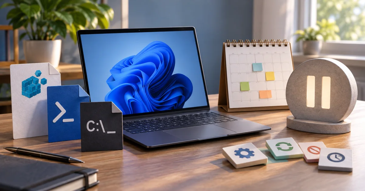 An unbranded computer model sits beside a calendar, a pause control sculpture, and separate update schedule pieces.