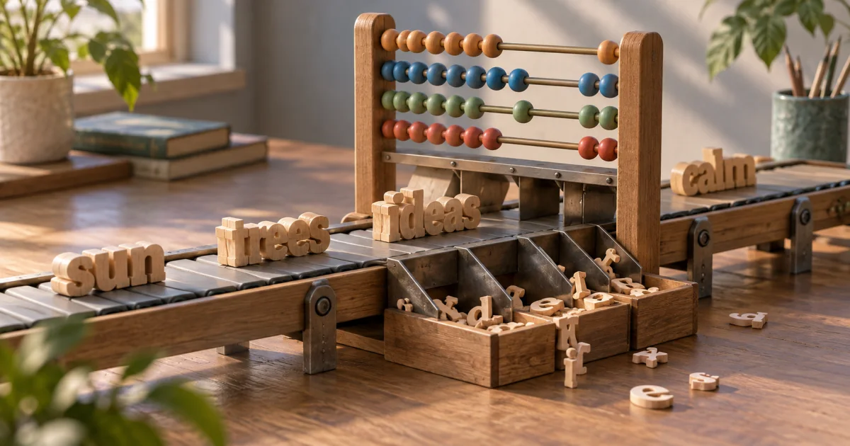 A line of word-shaped wooden groups passes beneath a counting frame that also separates their smaller character pieces.