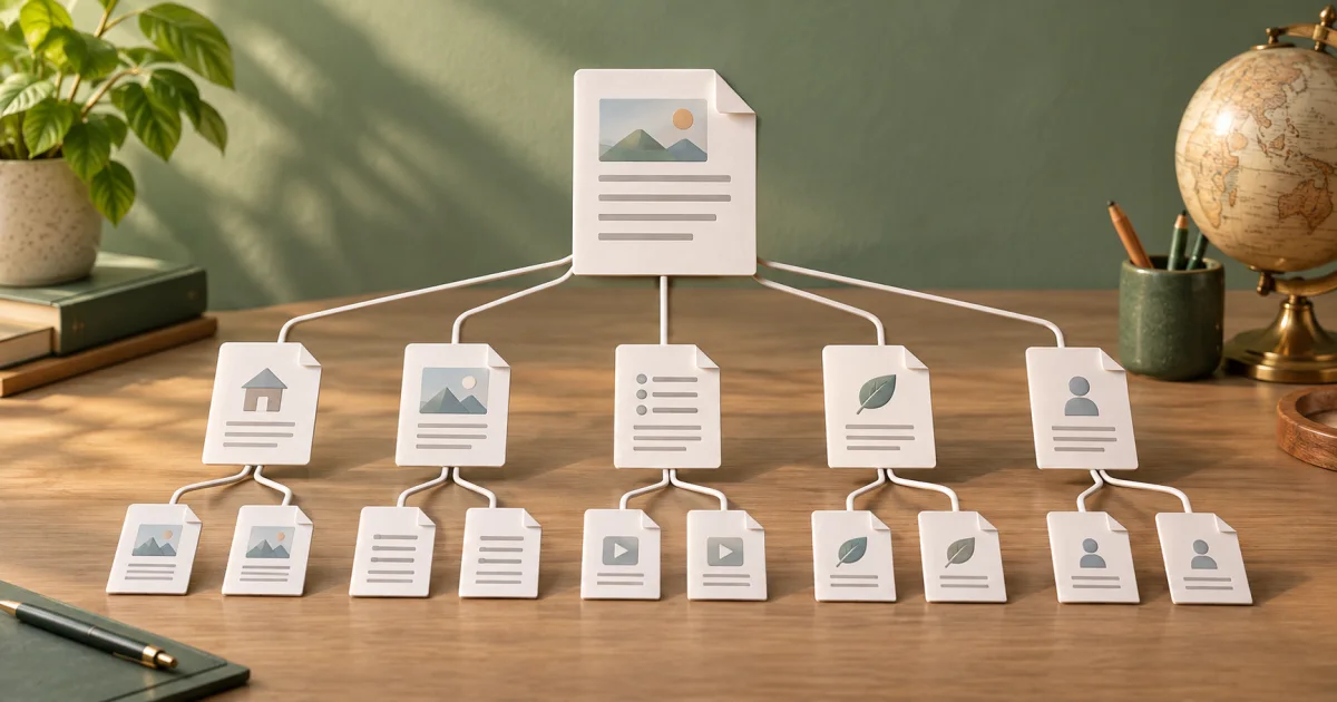 A branching paper map connects one central page to many smaller pages in an orderly navigable structure.