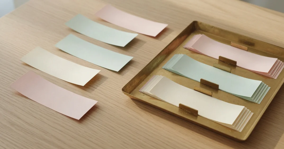 Blank pastel paper strips arranged in an indented staircase beside a brass tray holding the same strips in flat, evenly divided rows.